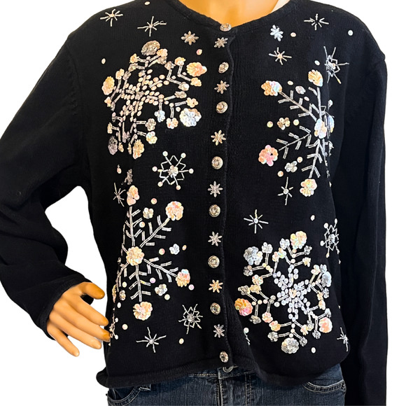 Vintage 2004 Black Snowflake Sequins Cardigan Size M/L - Picture 2 of 6